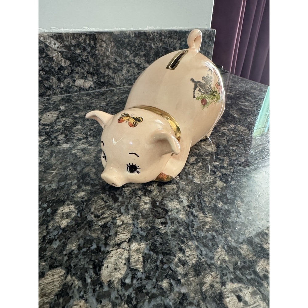 Vintage Ceramic Mid‎ Century Antique Pig, Piggy Bank, Gold & Floral Painted.